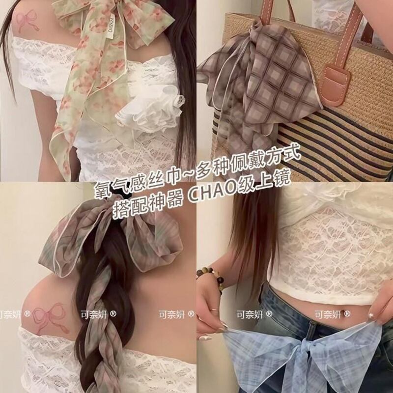 韩系氛围感格纹网纱丝巾女薄款碎花小围巾长条系脖领巾飘带配饰潮