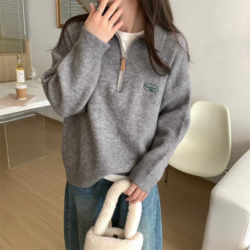 新款polo领半拉链设计套头针织衫上衣女宽松外套刺绣字母加厚毛衣