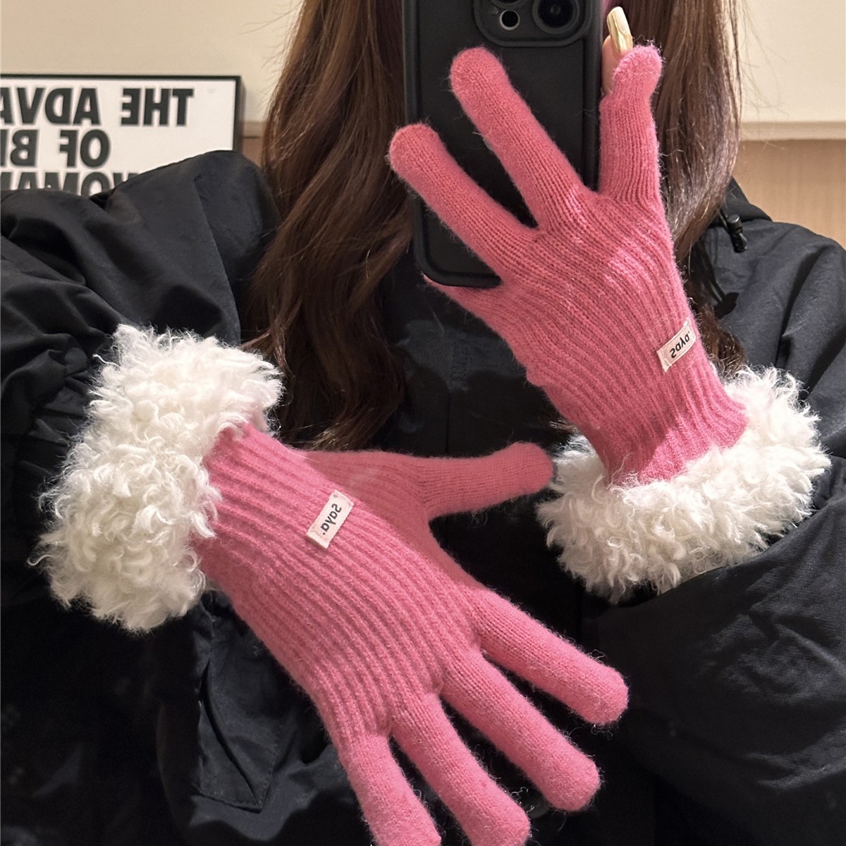 毛毛边手套女冬季2023新款韩版加厚保暖毛线针织分指手套可触屏潮