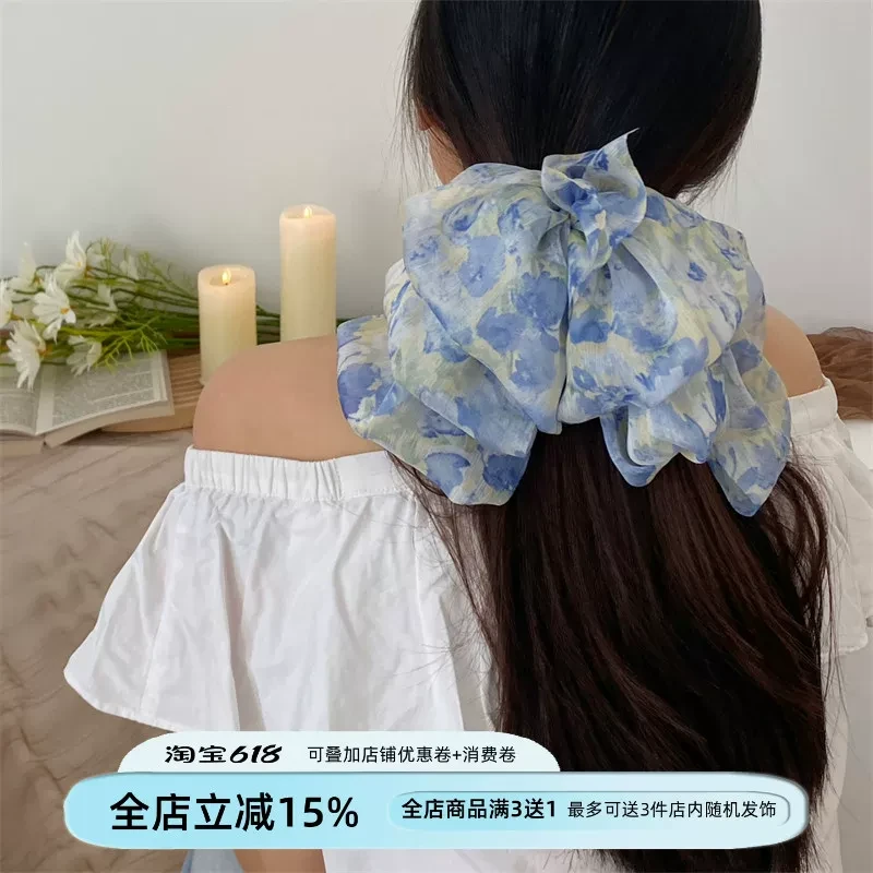 温柔甜美度假仙女风碎花减龄超大垂坠感多层蝴蝶结发夹横夹头顶夹