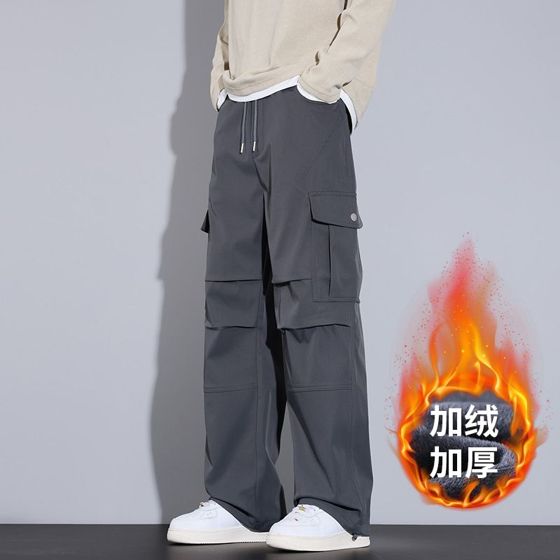 加绒加厚工装裤男冬季新款多袋直筒保暖御寒休闲裤