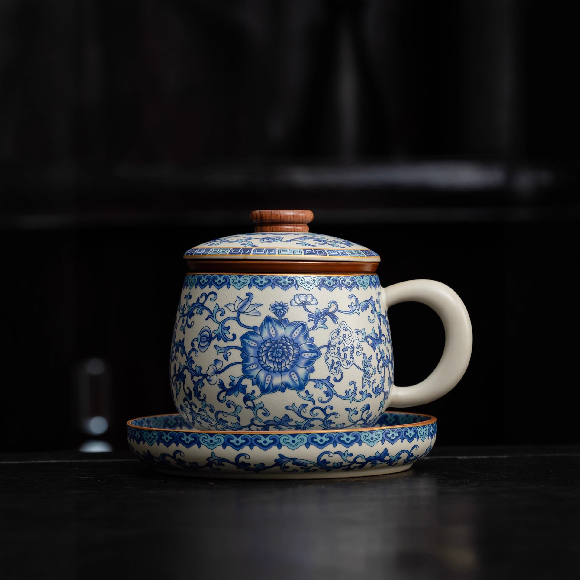 青花汝窑马克杯带盖茶水分离泡茶杯高档送礼办公杯个人专用喝水杯