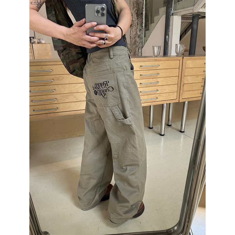 美式宽松直筒刺绣腰带绳工装裤男女复古街头阔腿长裤潮流休闲裤子