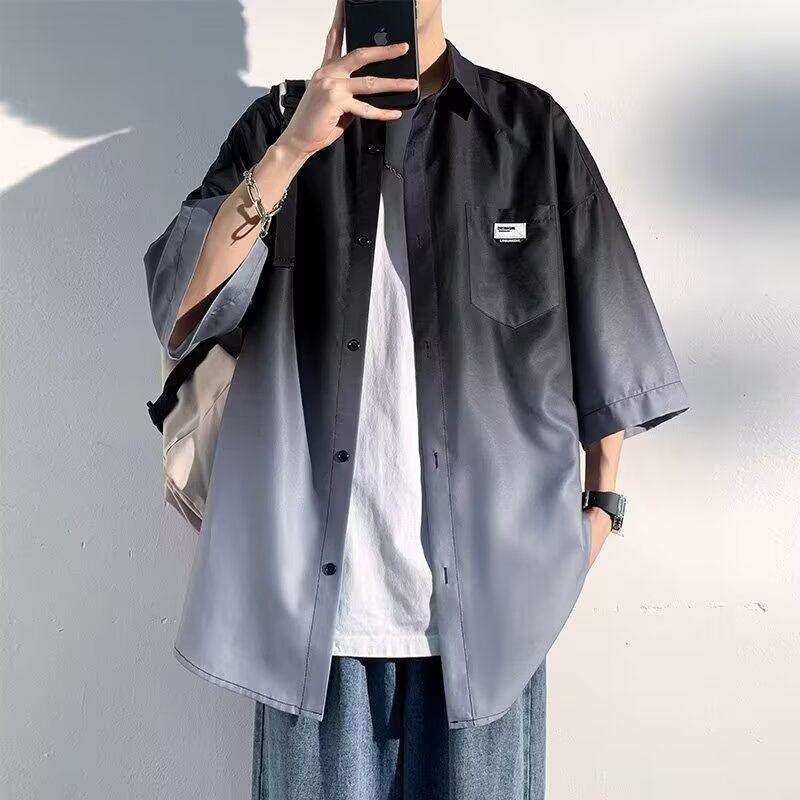 MY痞帅渐变短袖衬衫男士新款夏款宽松休闲男装潮半袖衬衣外套上衣1613/CY08