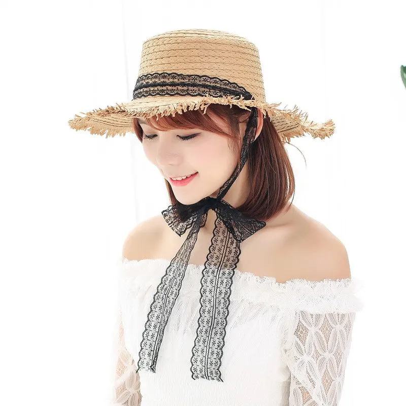 韩国新款蕾丝系带大沿草帽子女夏季纯色防晒遮阳帽旅游度假沙滩帽