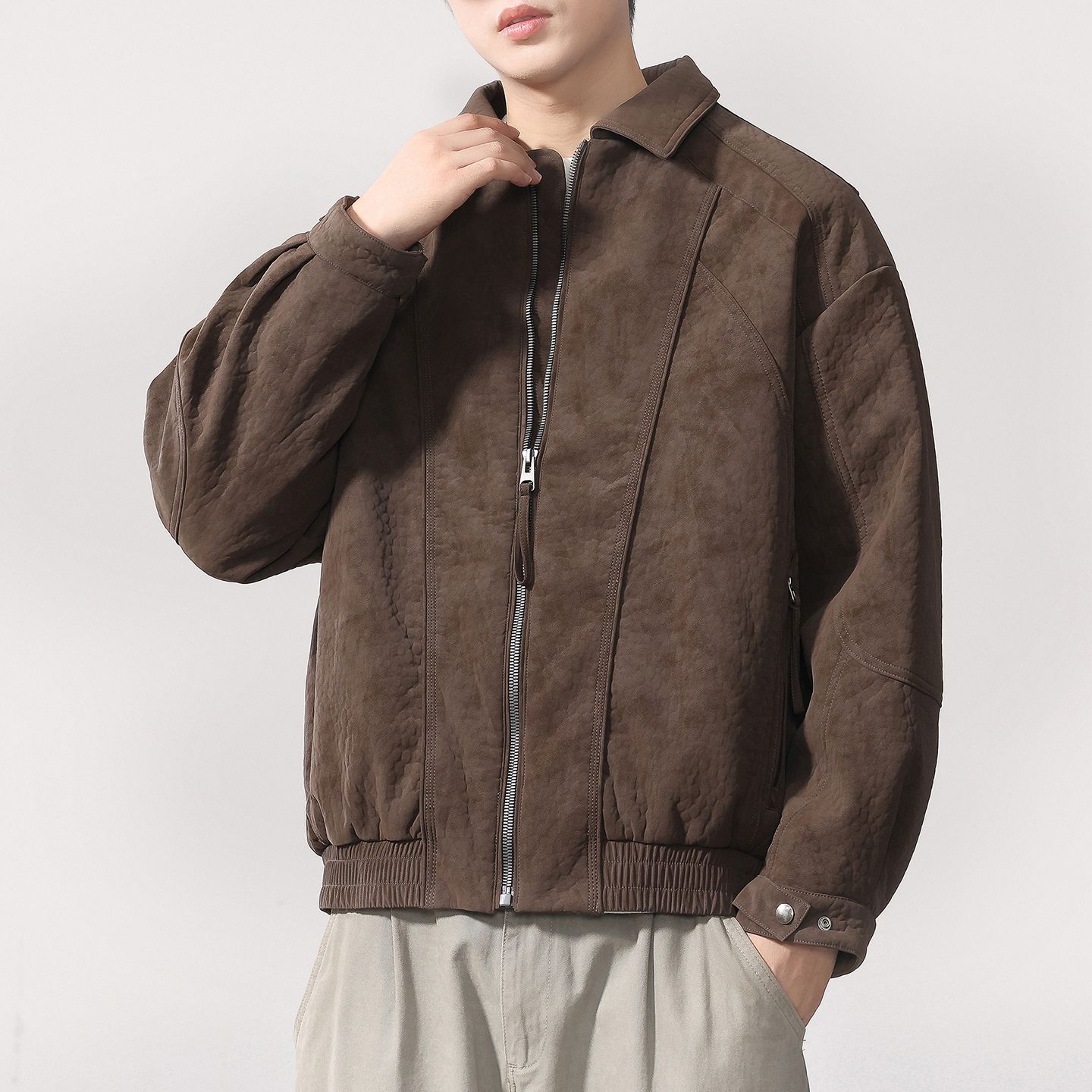 冬季保暖美式复古PU皮翻领夹克男潮牌高级感百搭休闲外套棉服