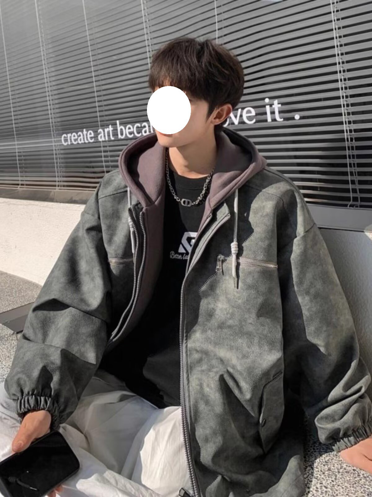 春秋新款美式高街皮衣外套男假两件潮牌高级感痞帅机车夹克棒球服