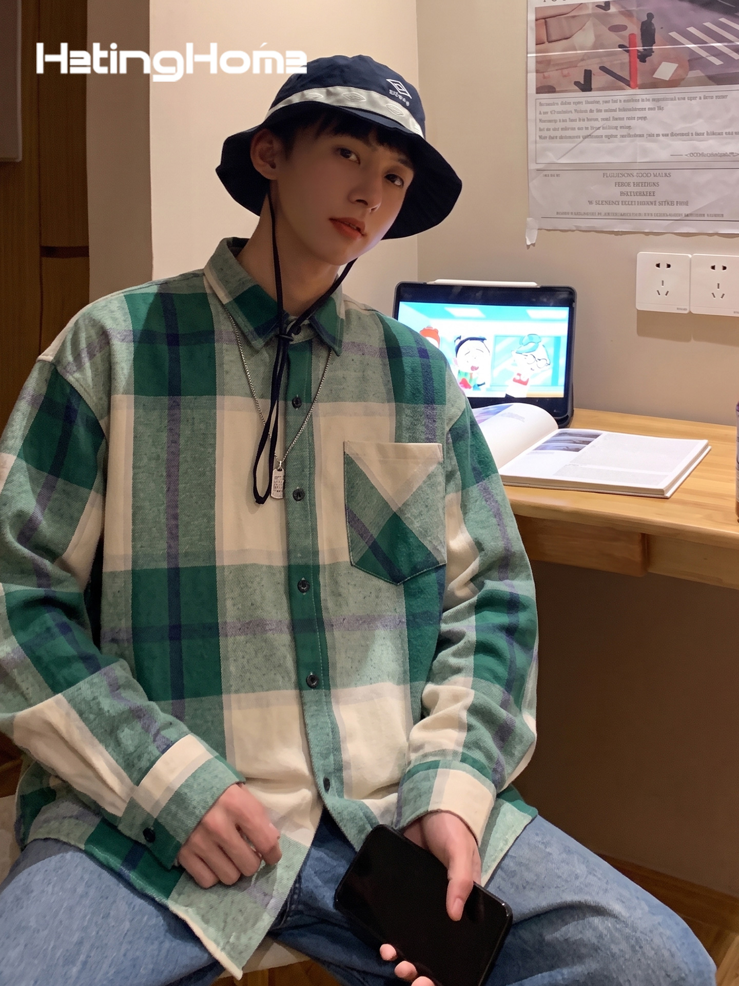 hetinghome疑心病！秋季潮牌情侣长袖格子衬衫宽松男生无性别衬衣