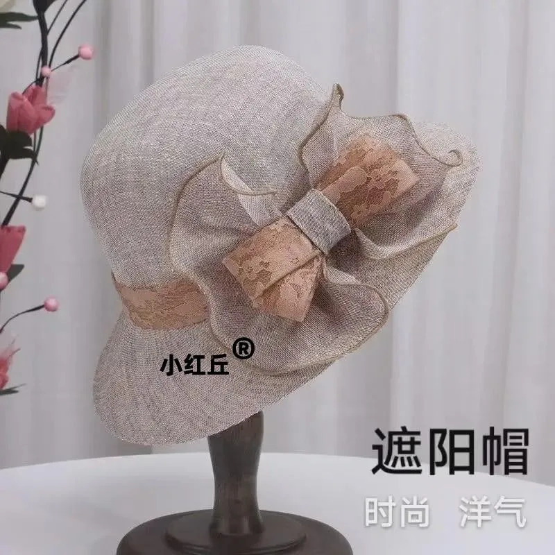 帽子女遮阳帽女夏防晒渔夫帽麻料新款防紫外线太阳帽脸小毛绒帽子