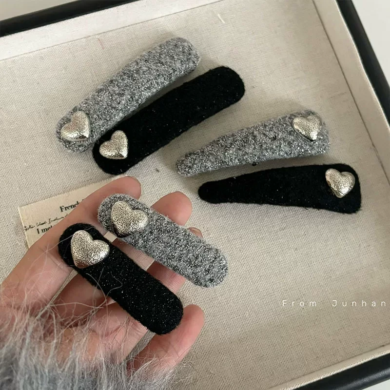灰色毛呢发夹女金属爱心bb夹复古风刘海夹高级感侧边夹鸭嘴夹边夹