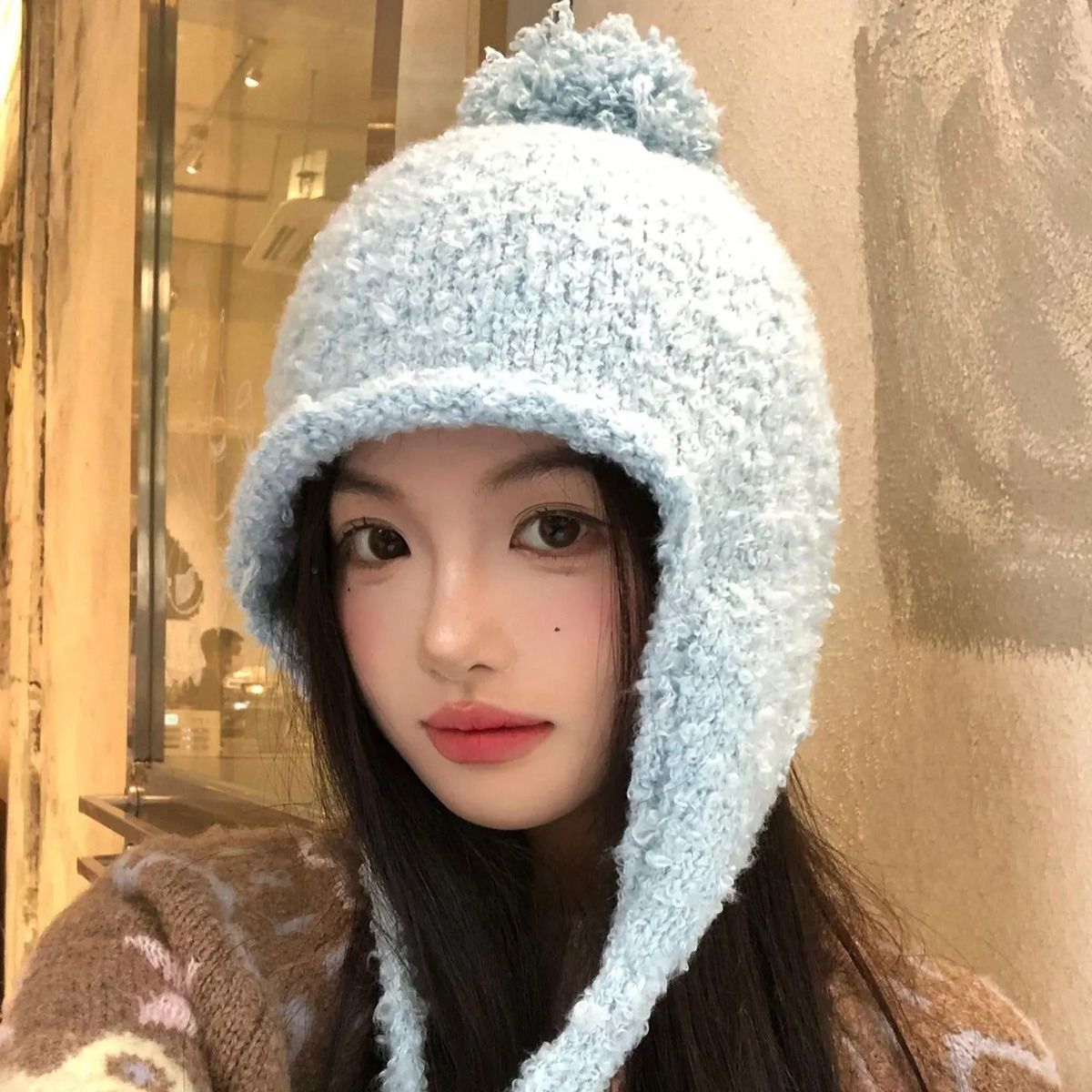 蓝色毛球针织护耳帽女秋冬保暖加厚防寒毛线帽大头围百搭包头帽子