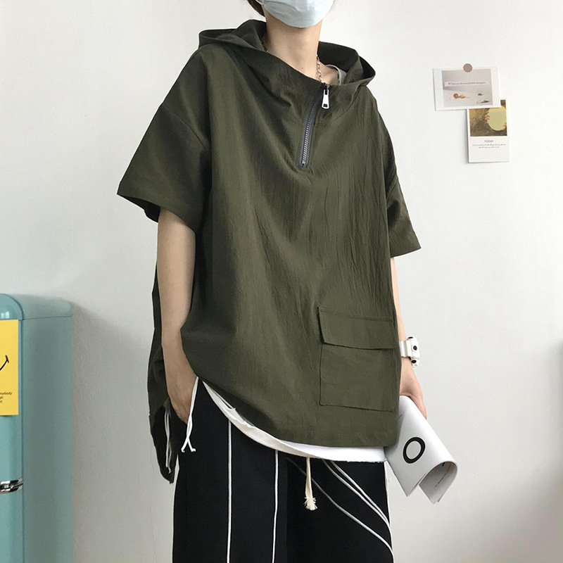 半拉链连帽工装T恤男士短袖潮牌ins夏季薄款宽松半袖衣服痞帅高街