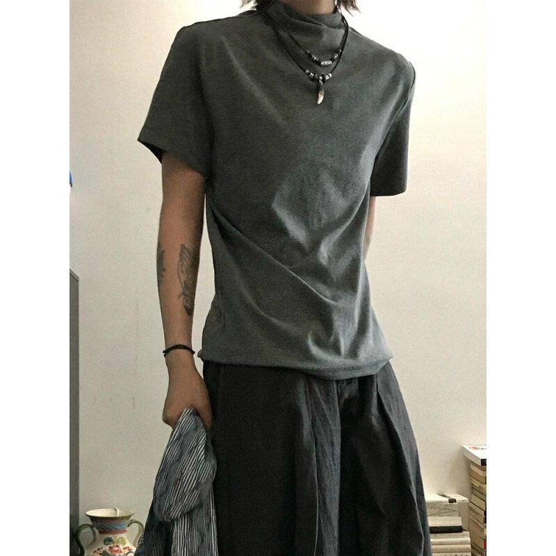 夏新款交叉连身领正肩针织修身打底肌理感男女短袖t恤半袖上衣XZ1008/LT577