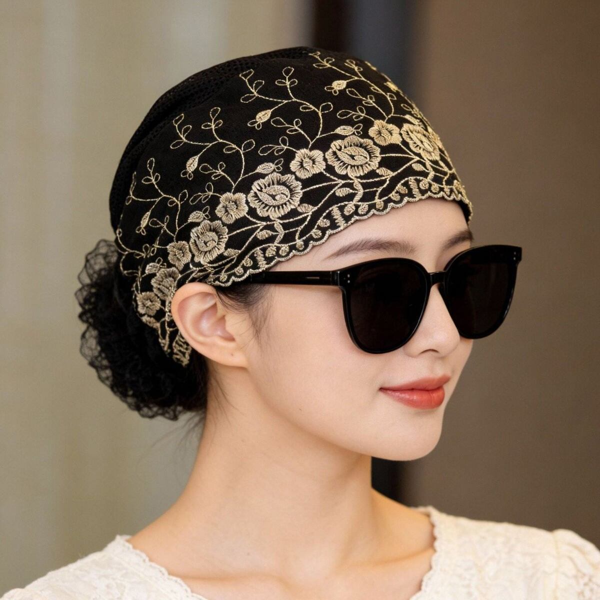女士夏天薄款蕾丝头巾帽防晒月子包头帽花朵网纱帽子遮白发盘发帽