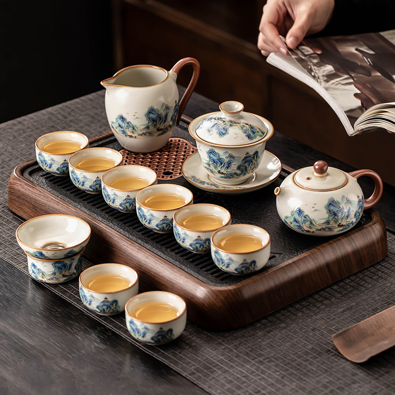 汝窑功夫茶具套装家用陶瓷盖碗茶杯开片可养泡茶壶轻奢高档泡茶器
