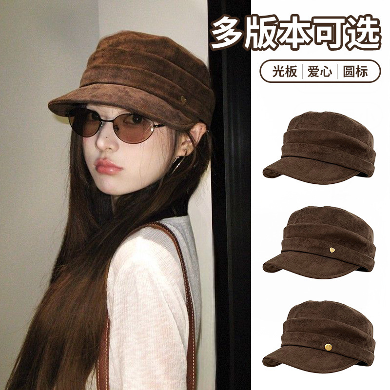 麂皮绒褶皱马术帽子女秋冬季复古休闲百搭平顶贝雷帽显脸小报童帽