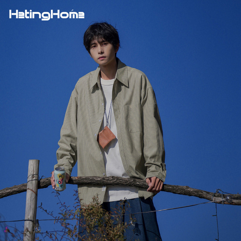 hetinghome旅行！秋季潮牌情侣长袖条纹衬衫宽松男款高街外穿衬衣