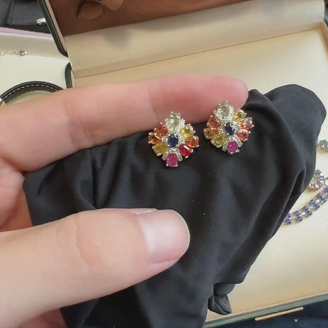 老烧彩蓝宝石耳钉925
