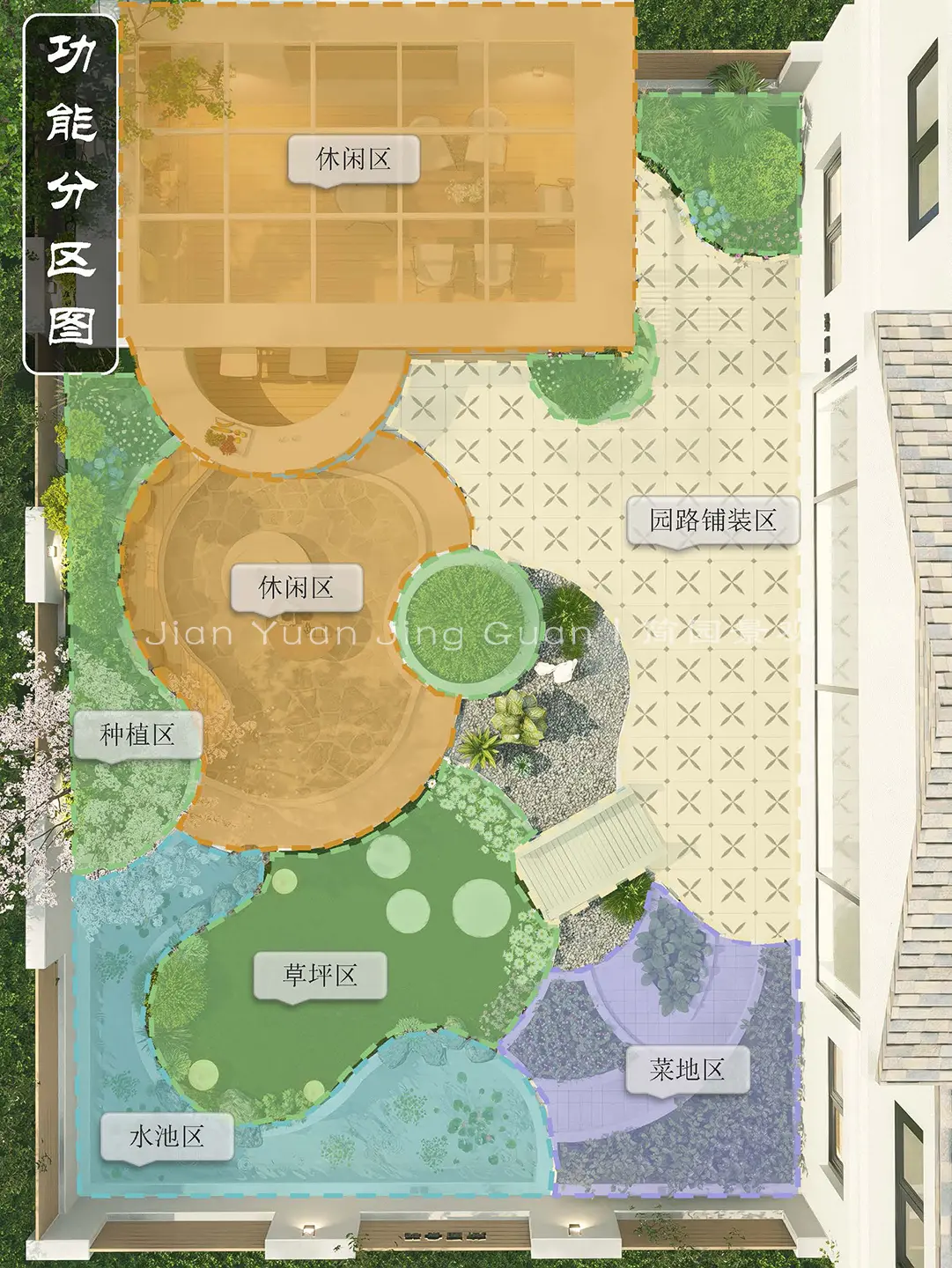 二,沉浸体验升级彩色平面图功能分区强化:室内外交接区设休闲用餐
