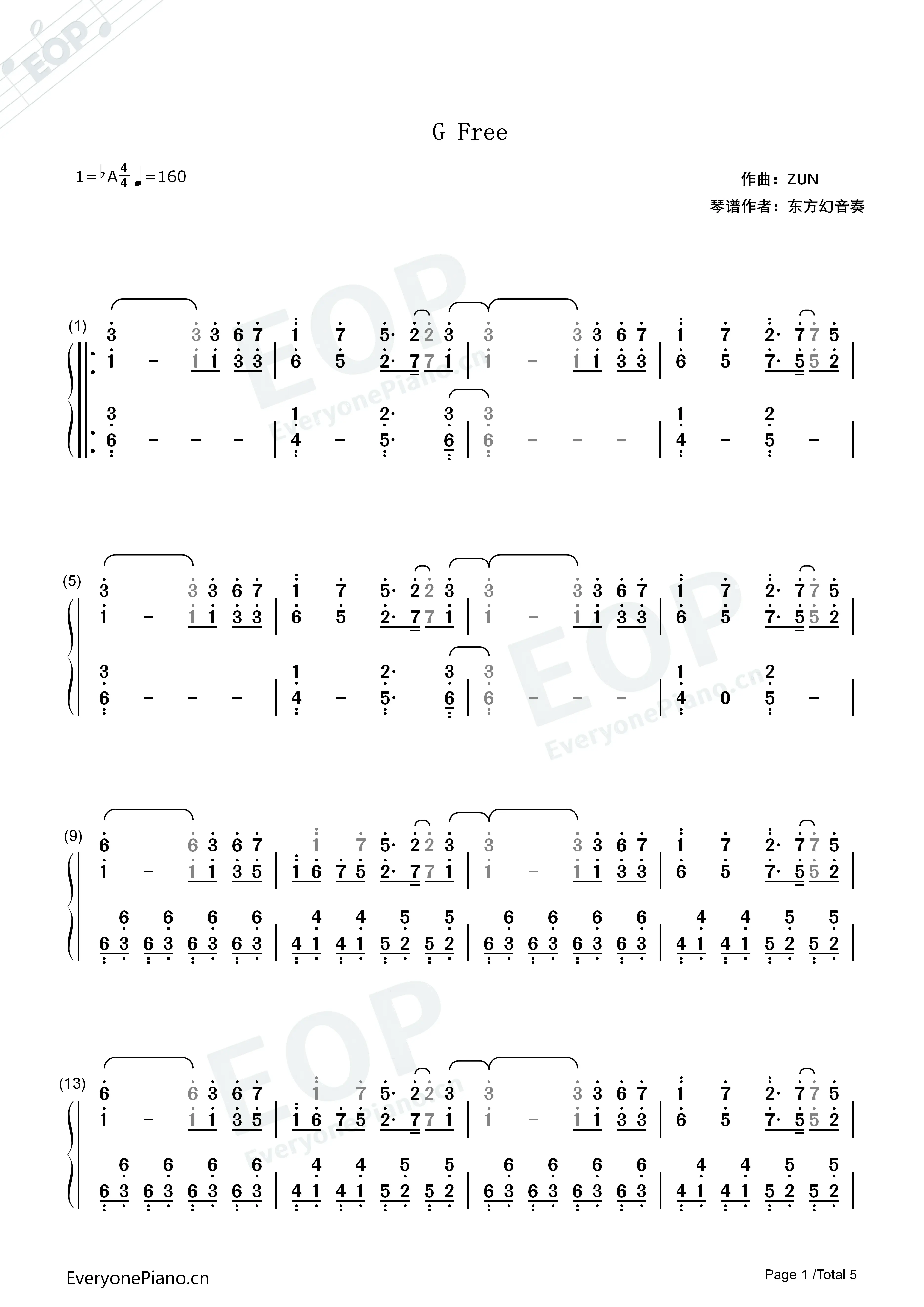 g free(双手简谱)