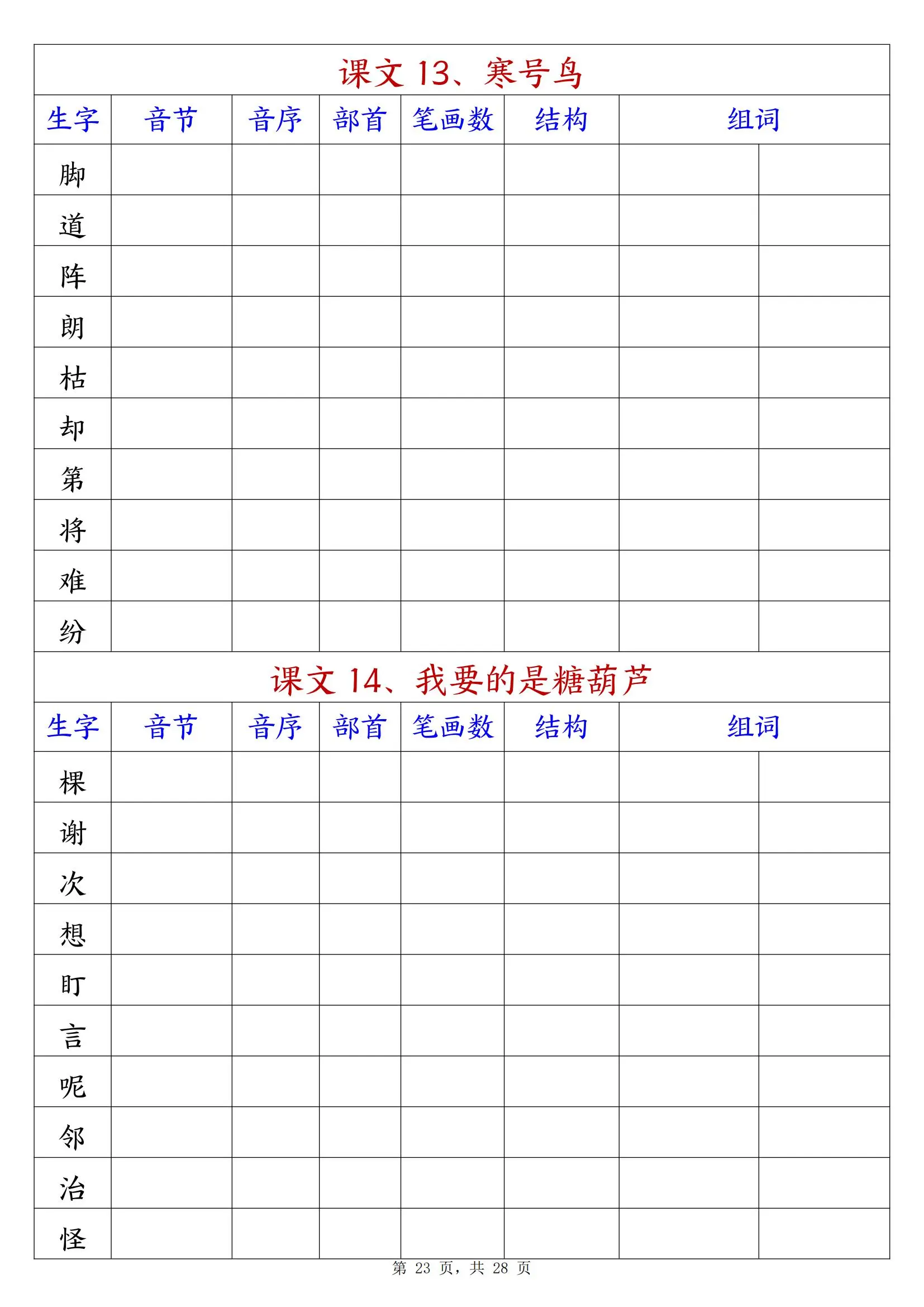 二年级语文上册的生字预习单和预习卡,生字的拼音,音序,部首,笔画和