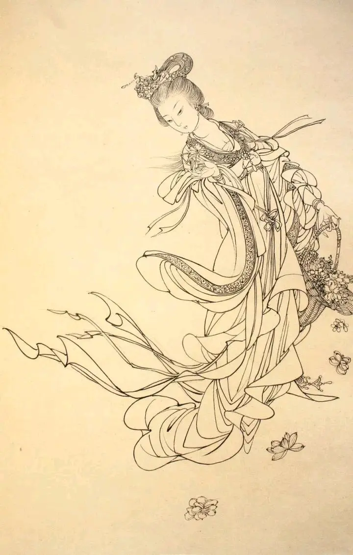 蔡岚工笔白描仕女图