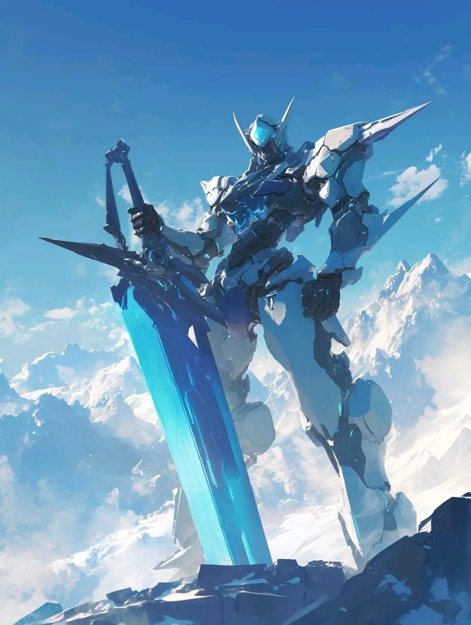 ai绘画ai画的手持巨剑的机甲主要色调为蓝色2024年7月8日