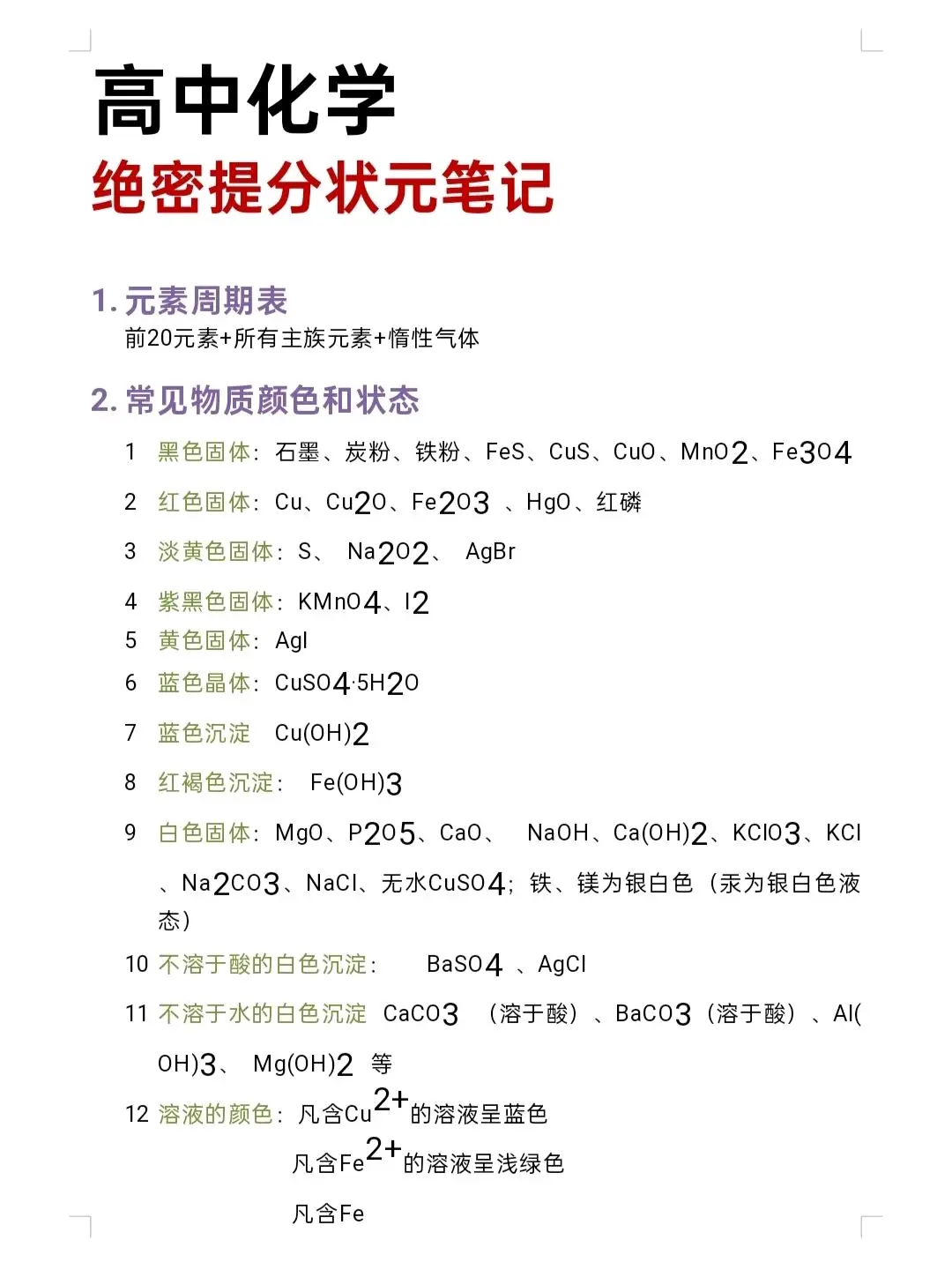 高中化学绝密提分状元笔记!