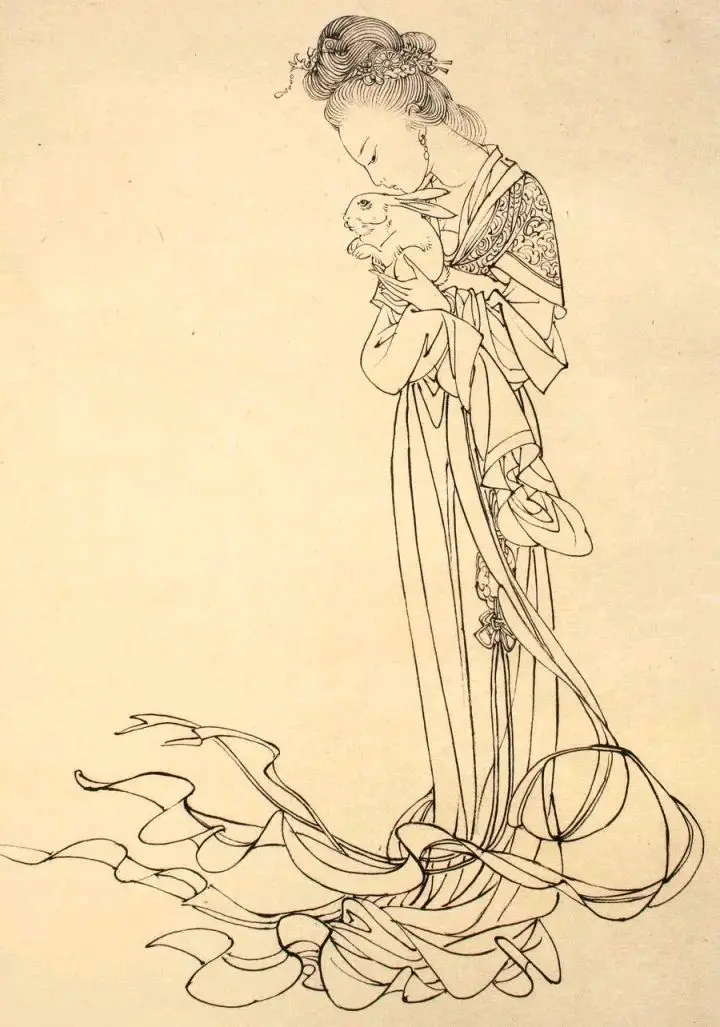 蔡岚工笔白描仕女图