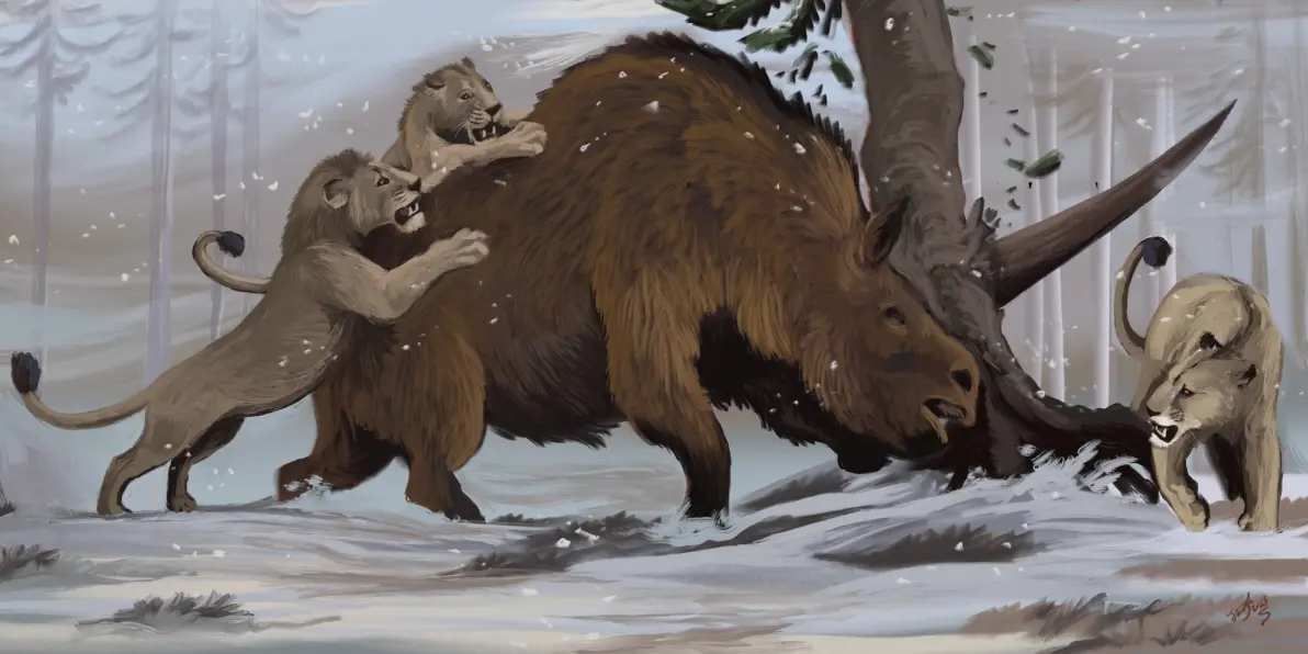 袋狮捕食未成年古巨蜥泰坦恐鹤群捕食乳齿象副巨豨和戾鳄祖巨蜥鳄和巴