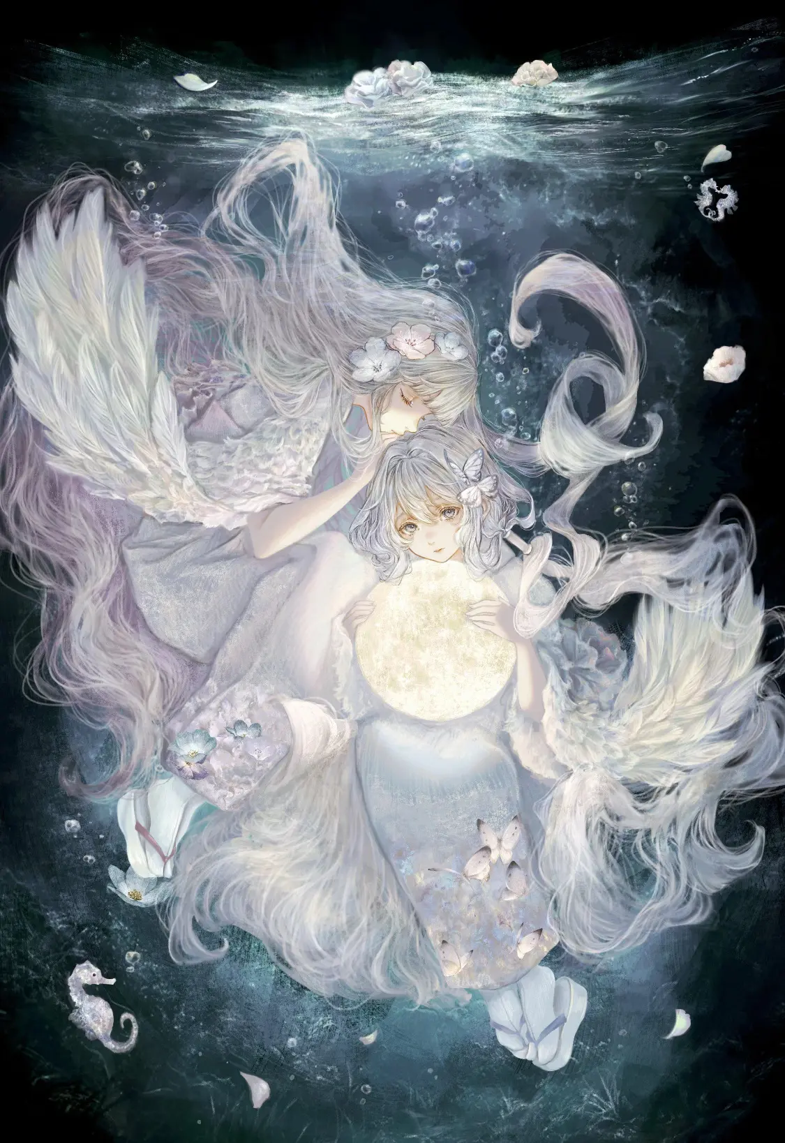 黑中透彩的梦幻少女插画,充满透明感了