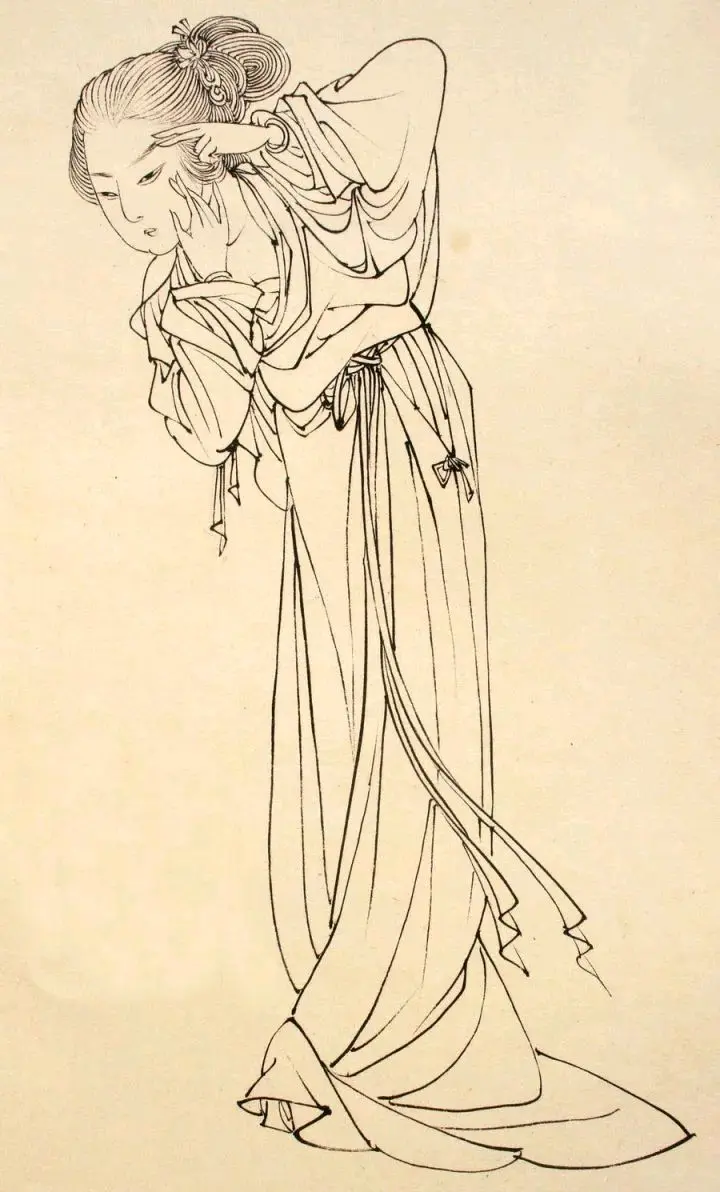 蔡岚工笔白描仕女图