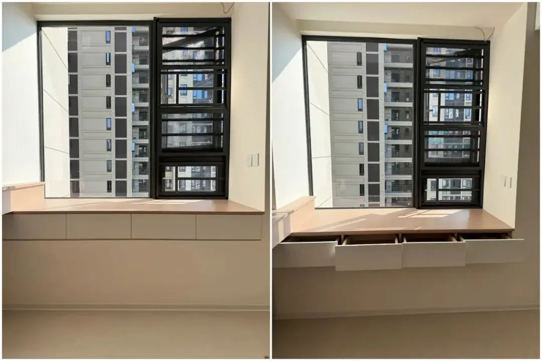 —定制带抽屉的飘窗柜,用来分类收纳内衣,袜子等