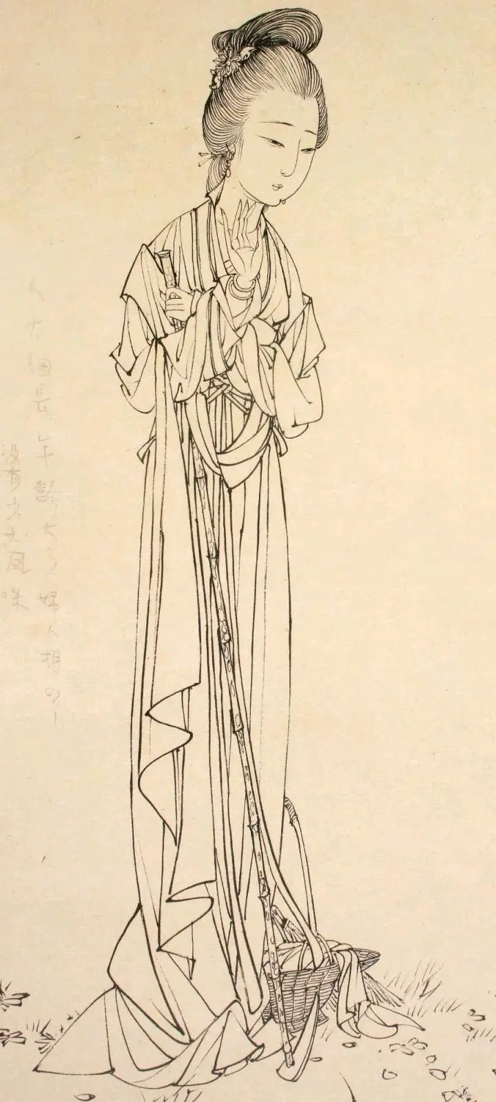 蔡岚工笔白描仕女图