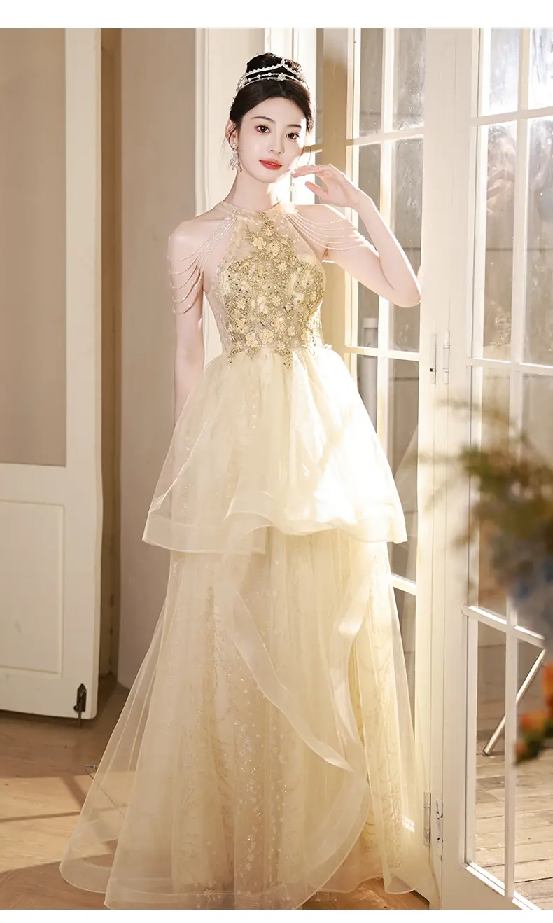 香槟色晚礼服女高级感宴会气质轻奢小众高端主持人成人礼艺考长裙