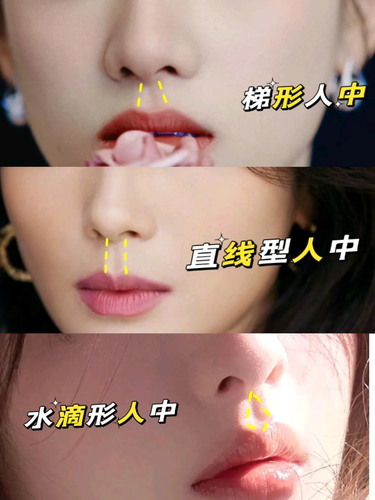 水滴形人中,给人一种少女的娇俏感梯形人中,往往给人一种柔和淡雅的