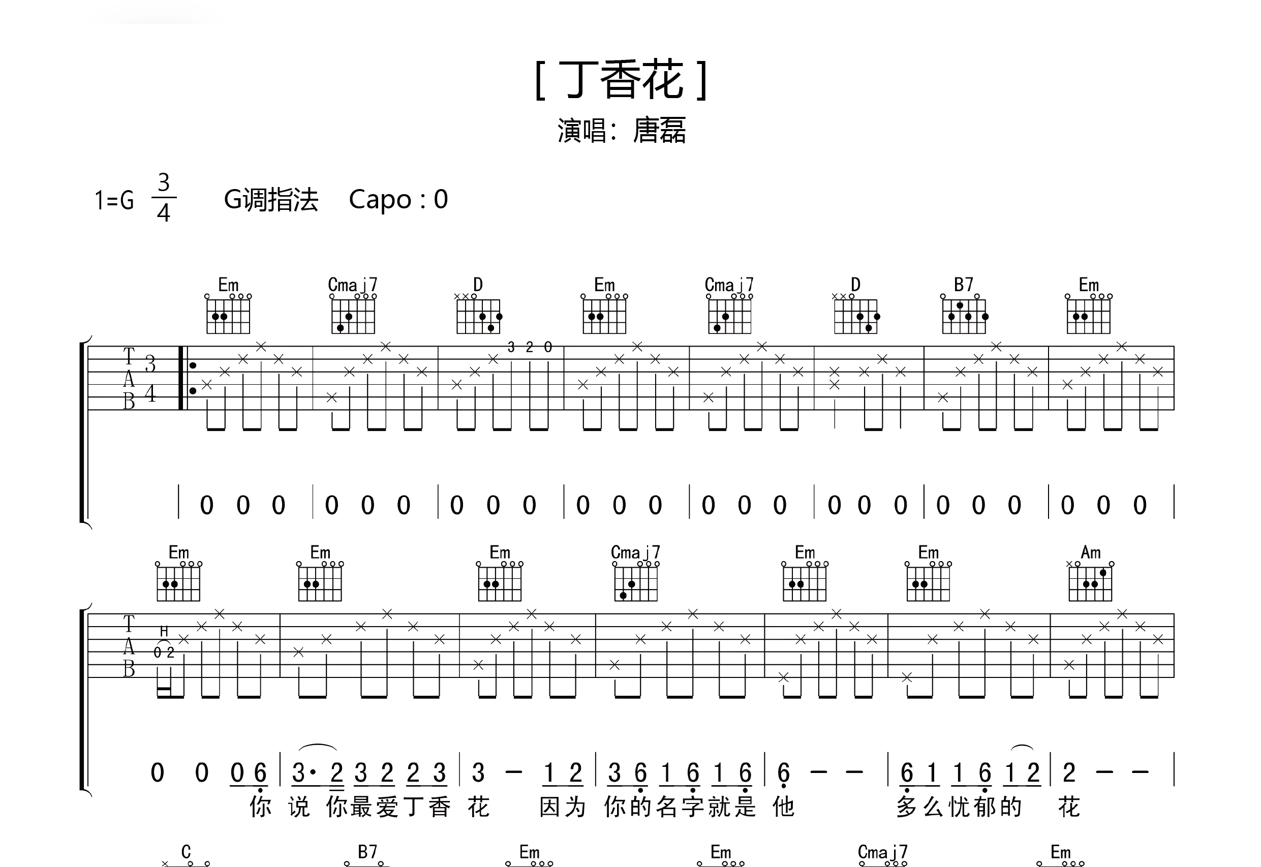 唐磊 - 丁香花 [弹唱 初学 简化版] 吉他谱