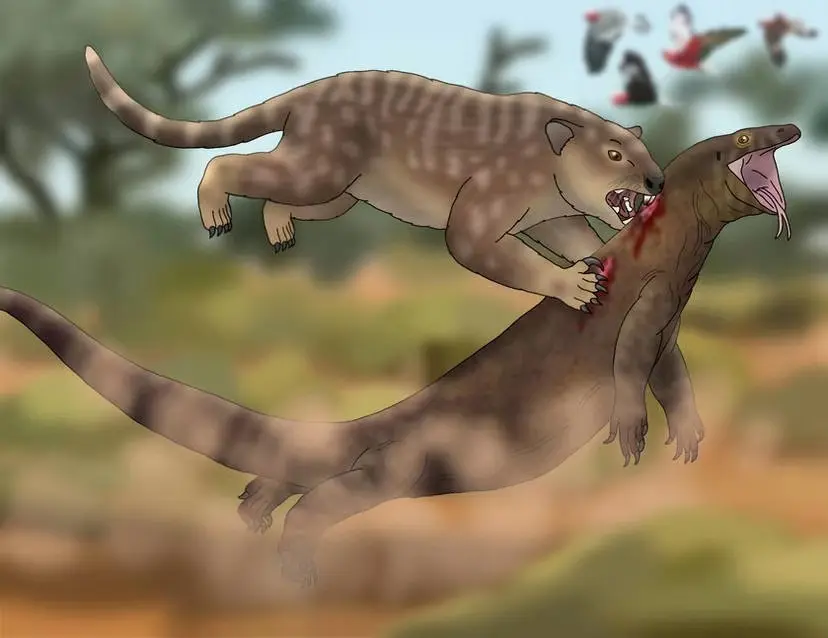 袋狮捕食未成年古巨蜥泰坦恐鹤群捕食乳齿象副巨豨和戾鳄祖巨蜥鳄和巴