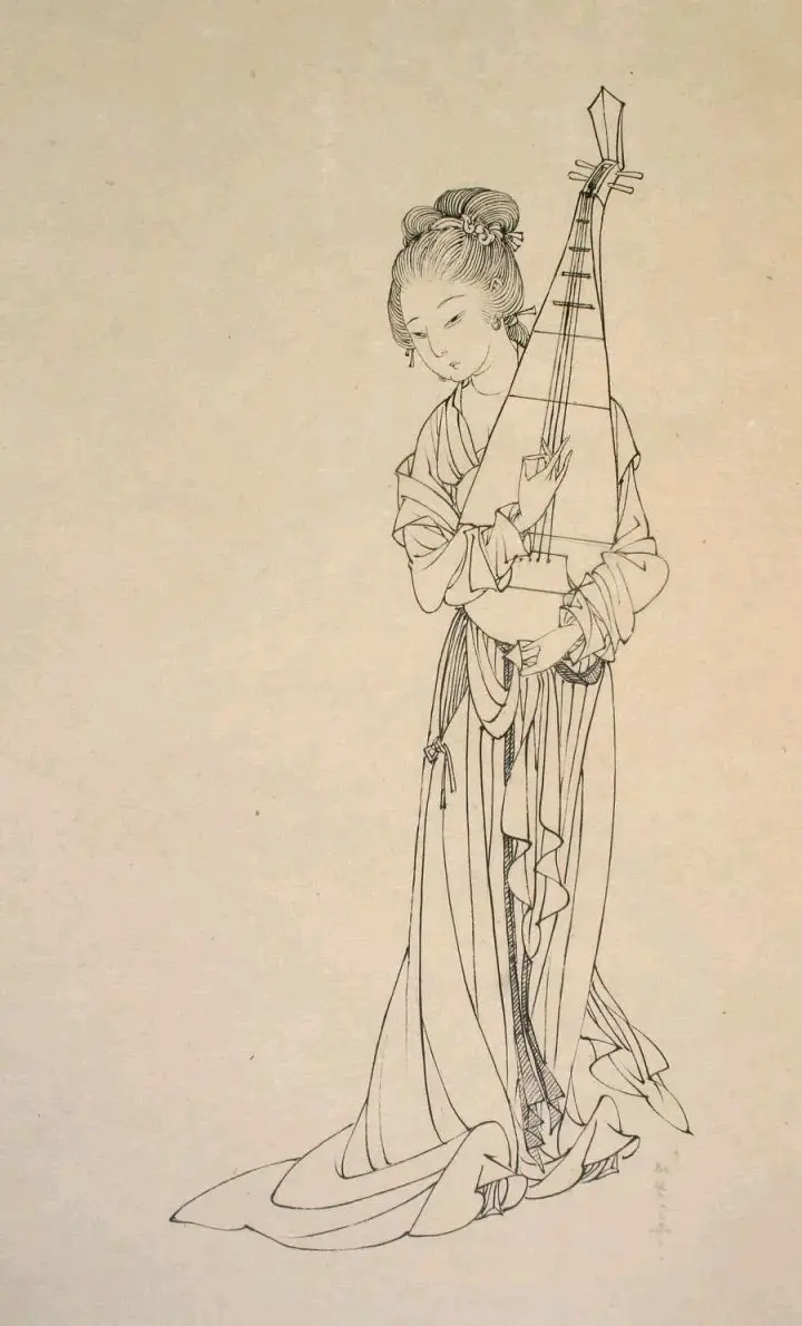 蔡岚工笔白描仕女图