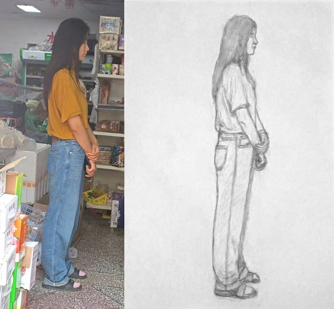 自己3小时画的牛仔裤美女侧面全身像素描