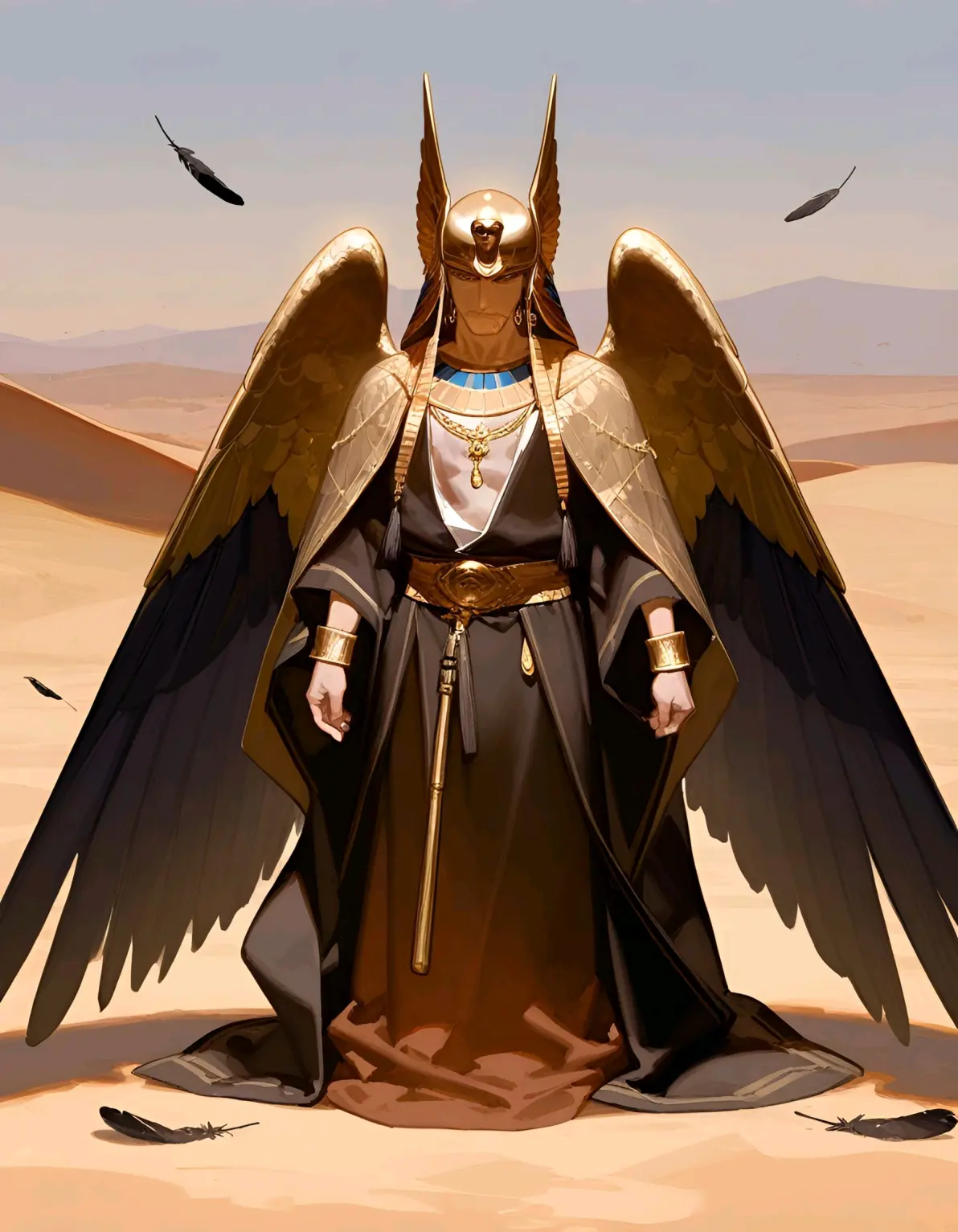 张开黄金羽翼在天空展翅高飞的男人,荷鲁斯