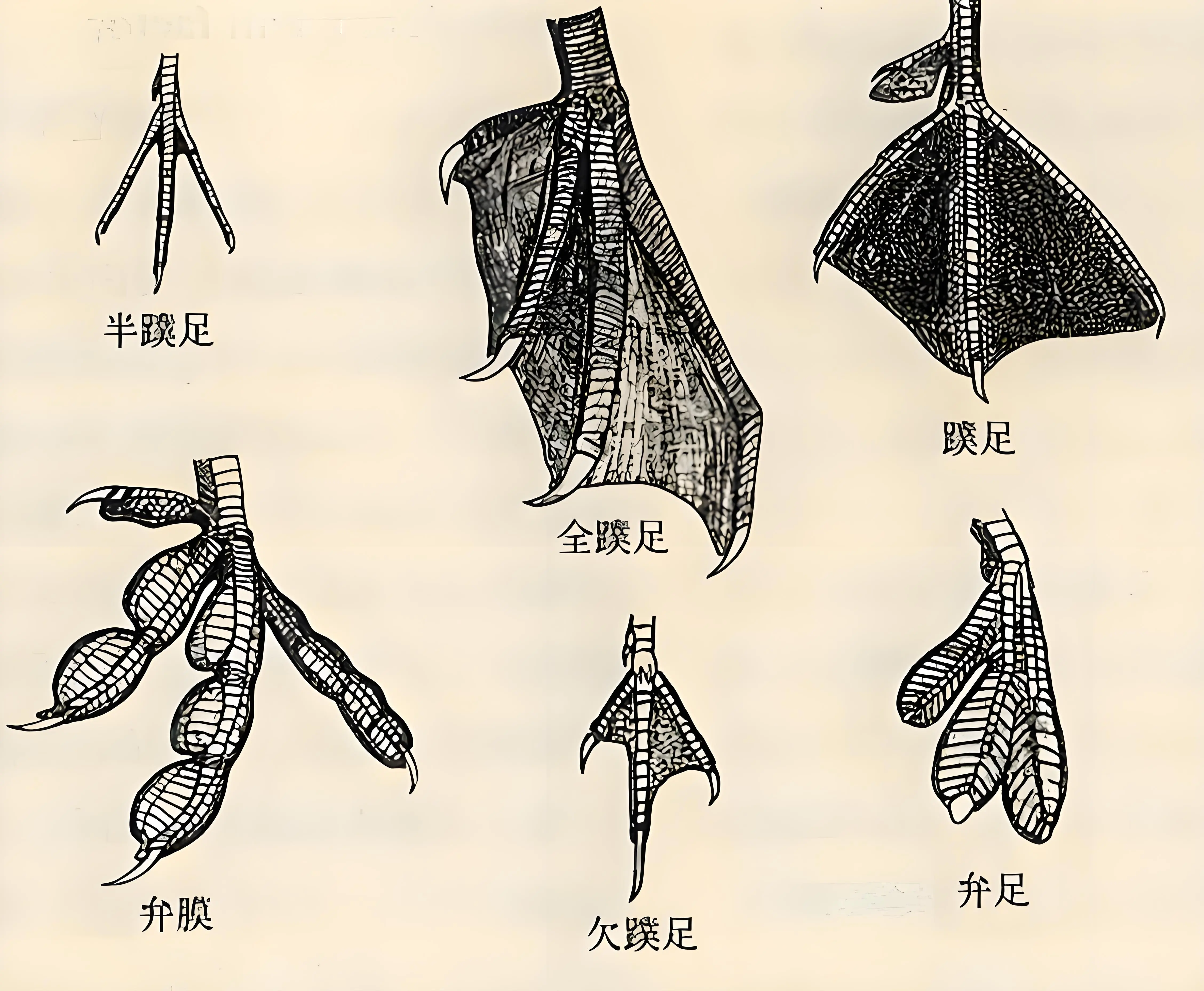 两张图,说明鸟类的几种足与趾