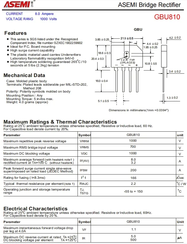 gbu810-asemi新能源整流桥gbu810
