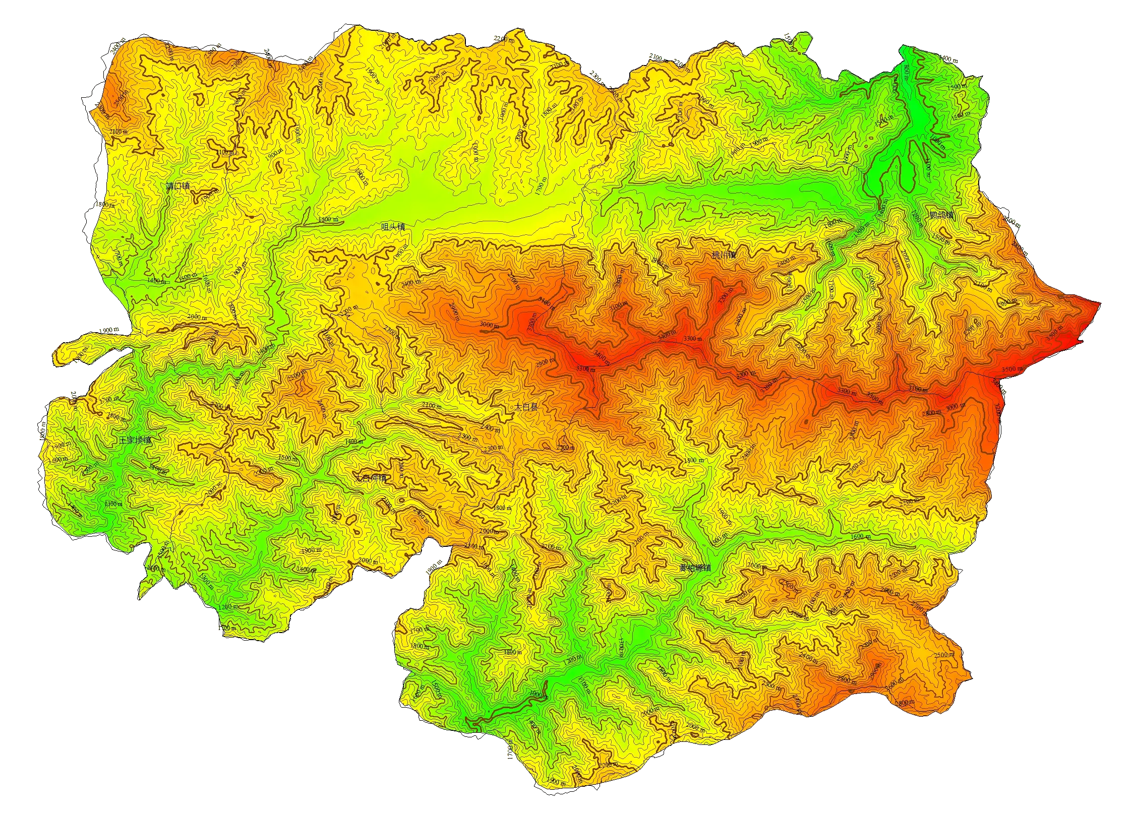 陕西太白县行政区划和等高线地形图