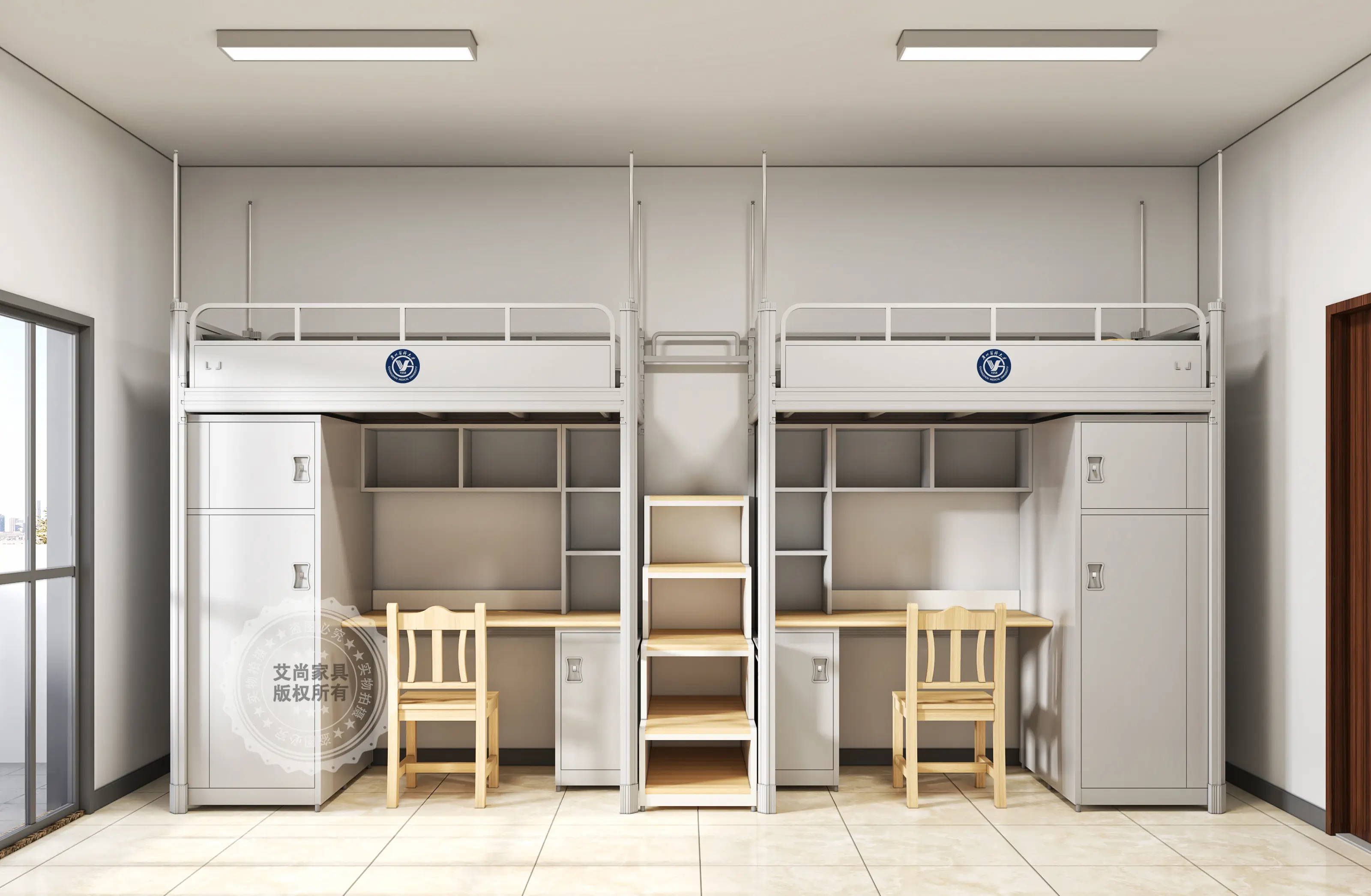 上铺是舒适的睡眠天地,下铺则是宽敞的学习