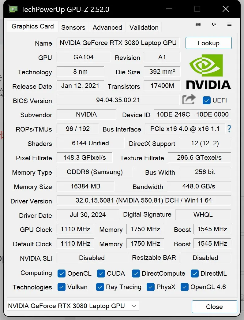 笔记本3080ti算力图片