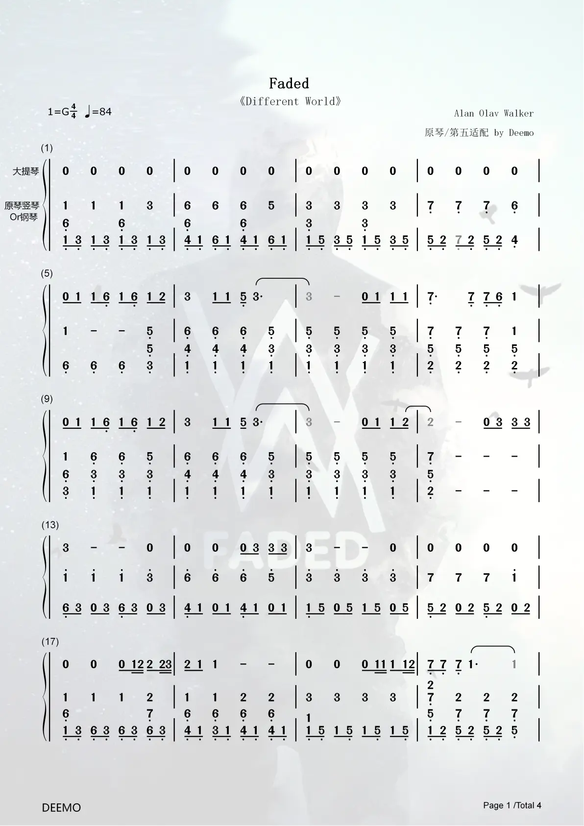 《faded》风物之诗琴x第五大提琴 简谱/键盘谱