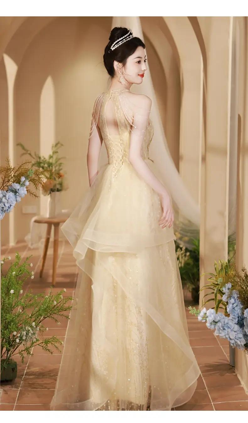 香槟色晚礼服女高级感宴会气质轻奢小众高端主持人成人礼艺考长裙