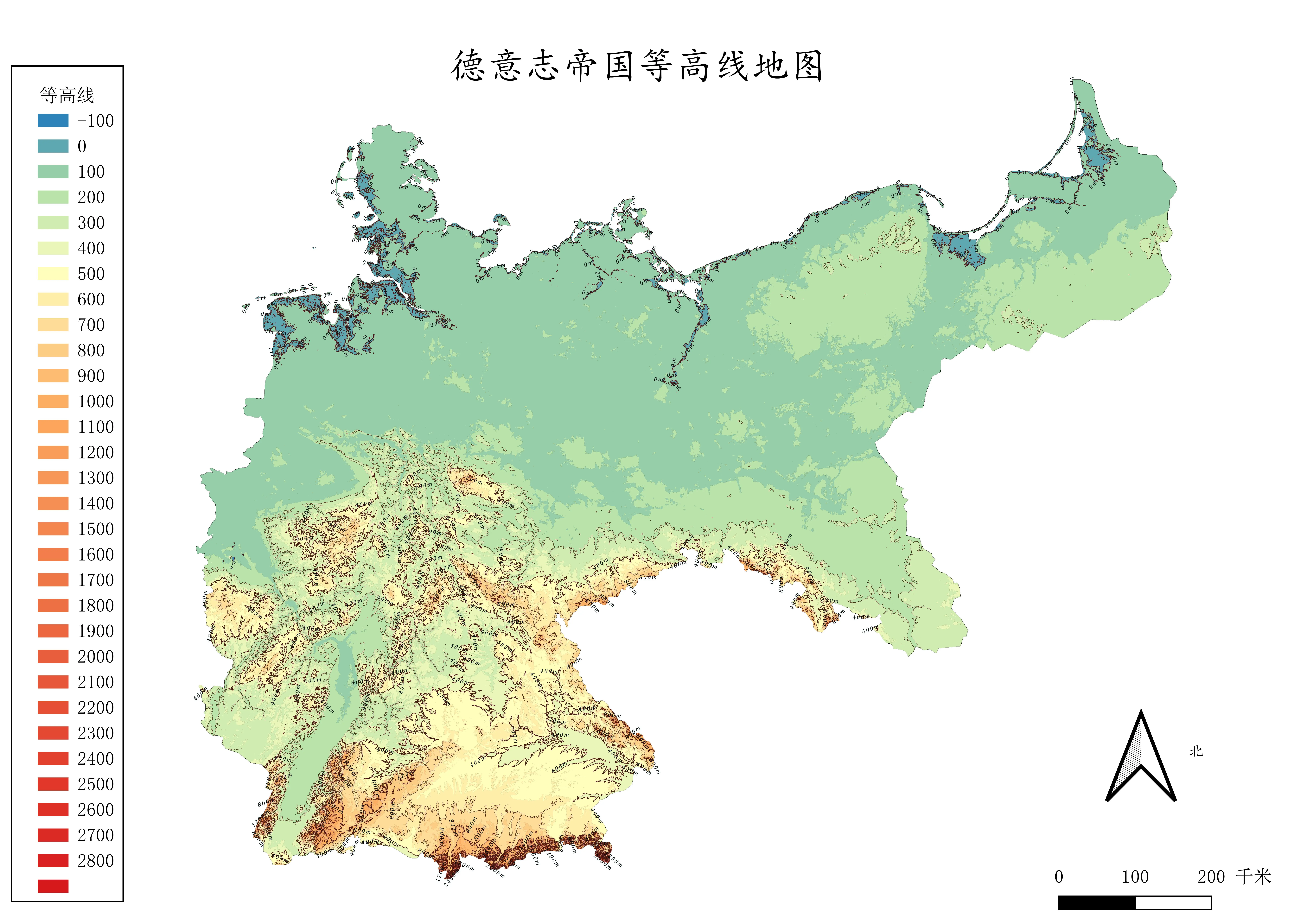 德意志帝国地形与等高线