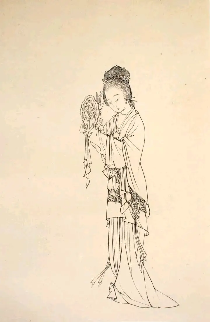 蔡岚工笔白描仕女图